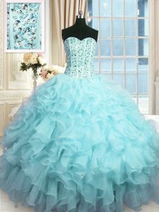 Baby Blue Lace Up Sweetheart Beading and Ruffles and Sequins Quinceanera Dresses Organza Sleeveless