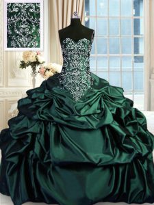 Pretty Sleeveless Taffeta Floor Length Zipper Sweet 16 Quinceanera Dress in Dark Green with Beading and Embroidery and Pick Ups