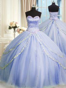 Modest Lavender Sleeveless With Train Beading and Appliques Zipper Quinceanera Dress