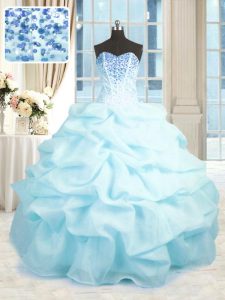 Cute Baby Blue Sleeveless Floor Length Beading and Ruffles Lace Up Quinceanera Gowns