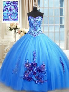 Best Blue Ball Gowns Tulle Sweetheart Sleeveless Beading and Appliques and Embroidery Floor Length Lace Up Vestidos de Quinceanera
