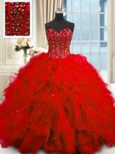Luxurious Sleeveless Organza Floor Length Lace Up Quinceanera Gown in Red with Beading and Ruffles and Sequins