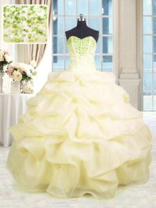 Ideal Light Yellow Sleeveless Organza Lace Up Sweet 16 Dresses for Military Ball and Sweet 16 and Quinceanera