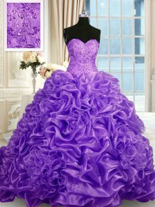 Dynamic Lavender Quince Ball Gowns Military Ball and Sweet 16 and Quinceanera with Beading and Pick Ups Sweetheart Sleeveless Sweep Train Lace Up