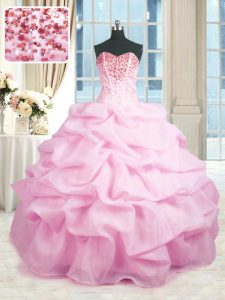 Sexy Pink Sleeveless Beading and Ruffles Floor Length 15 Quinceanera Dress
