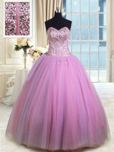 Lilac Lace Up Sweetheart Beading and Ruching Quince Ball Gowns Organza Sleeveless
