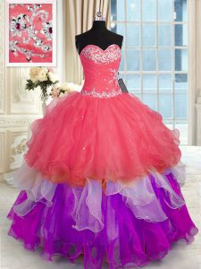 Multi-color Lace Up Quince Ball Gowns Beading and Appliques Sleeveless Floor Length