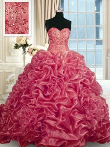 Decent With Train Red Quinceanera Gown Organza Sleeveless Beading and Pick Ups