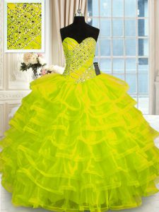 Free and Easy Ruffled Yellow Green Sleeveless Organza Lace Up Quinceanera Dresses for Military Ball and Sweet 16 and Quinceanera