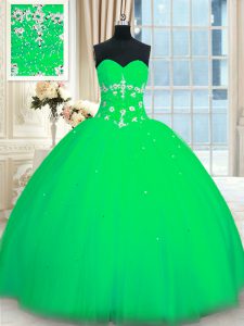 Green Ball Gowns Appliques Quinceanera Gowns Lace Up Tulle Sleeveless Floor Length