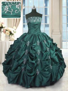 Sophisticated Peacock Green Strapless Lace Up Beading and Appliques and Embroidery and Pick Ups Sweet 16 Dresses Sleeveless
