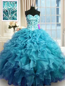 Floor Length Teal Quinceanera Gown Organza Sleeveless Beading and Ruffles