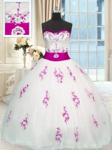 Clearance White Lace Up Sweetheart Appliques and Belt Quinceanera Dress Tulle Sleeveless