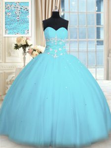 Romantic Light Blue Sleeveless Tulle Lace Up Quinceanera Dress for Military Ball and Sweet 16 and Quinceanera