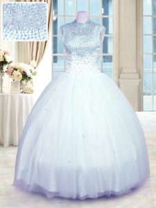 Elegant Baby Blue Sleeveless Floor Length Beading Zipper Sweet 16 Quinceanera Dress