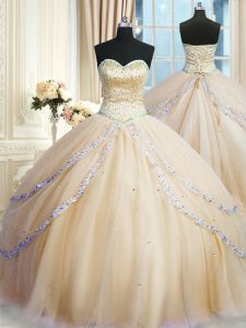 Edgy Tulle Sweetheart Sleeveless Court Train Lace Up Beading and Appliques Vestidos de Quinceanera in Champagne