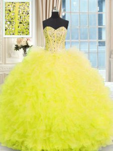 Floor Length Lace Up Sweet 16 Quinceanera Dress Light Yellow for Military Ball and Sweet 16 and Quinceanera with Beading and Ruffles