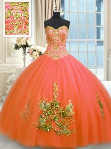 Orange Red Lace Up Sweetheart Beading and Appliques and Embroidery Quinceanera Gowns Tulle Sleeveless