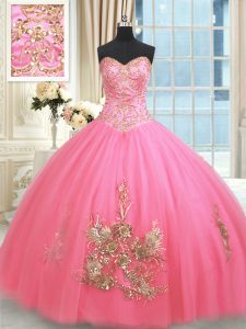 Rose Pink Lace Up Vestidos de Quinceanera Beading and Appliques and Embroidery Sleeveless Floor Length