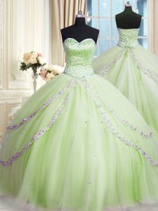 With Train Lace Up Vestidos de Quinceanera Yellow Green for Military Ball and Sweet 16 and Quinceanera with Beading and Appliques Court Train