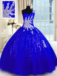One Shoulder Royal Blue Lace Up 15 Quinceanera Dress Appliques Sleeveless Floor Length