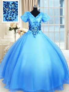 V-neck Short Sleeves Lace Up Quinceanera Dresses Baby Blue Organza