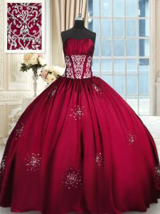 Floor Length Wine Red Sweet 16 Dress Taffeta Sleeveless Beading and Appliques and Ruching