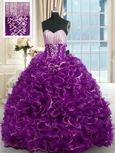 Sleeveless Brush Train Lace Up With Train Beading and Ruffles Sweet 16 Quinceanera Dress