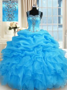 Elegant Baby Blue Ball Gowns Straps Sleeveless Organza Floor Length Zipper Beading Quinceanera Gowns