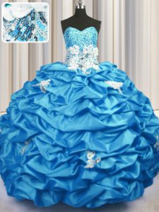 Aqua Blue Sleeveless With Train Appliques and Sequins and Pick Ups Lace Up Quinceanera Dress