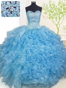 Affordable Baby Blue Quinceanera Dress Military Ball and Sweet 16 and Quinceanera with Beading and Ruffles and Pick Ups Sweetheart Sleeveless Lace Up
