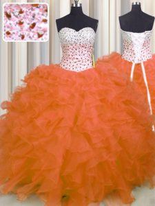 Hot Selling Organza Sweetheart Sleeveless Lace Up Beading and Ruffles Quinceanera Gowns in Orange Red