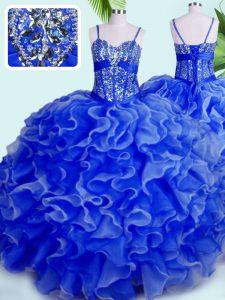 Customized Floor Length Lace Up Vestidos de Quinceanera Blue for Military Ball and Sweet 16 and Quinceanera with Beading and Ruffles