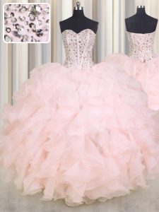 Sweetheart Sleeveless Organza Quinceanera Gowns Beading and Ruffles Lace Up