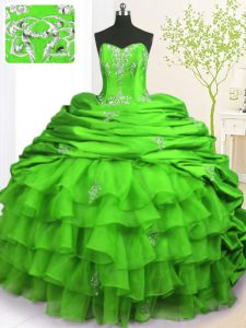 Best Selling Strapless Sleeveless Quinceanera Dress With Brush Train Beading and Appliques and Ruffled Layers and Pick Ups Green Organza and Taffeta