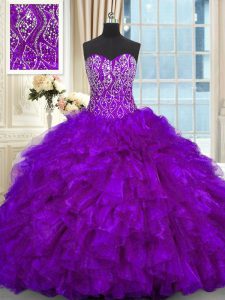 Luxurious Brush Train Ball Gowns Quinceanera Dress Purple Sweetheart Organza Sleeveless Lace Up