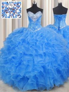 Traditional Sweetheart Sleeveless Organza Quince Ball Gowns Beading and Ruffles Lace Up