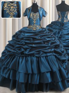 Inexpensive Pick Ups With Train Ball Gowns Sleeveless Navy Blue 15th Birthday Dress Brush Train Lace Up