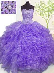 Lavender Organza Lace Up 15 Quinceanera Dress Sleeveless Floor Length Beading and Ruffles and Pick Ups