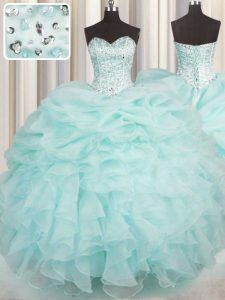 Sophisticated Aqua Blue Ball Gowns Organza Sweetheart Sleeveless Beading and Ruffles Floor Length Lace Up Quinceanera Gown