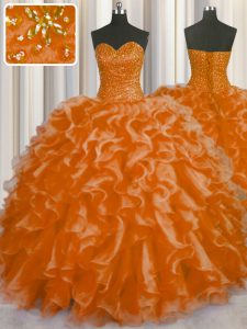 Orange Red Sleeveless Organza Lace Up Sweet 16 Dress for Military Ball and Sweet 16 and Quinceanera