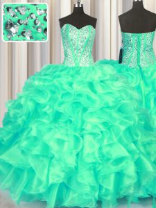 Turquoise Ball Gowns Beading and Ruffles Quinceanera Gown Lace Up Organza Sleeveless Floor Length