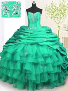 Modern Pick Ups Ruffled Turquoise Sleeveless Organza and Taffeta Brush Train Lace Up Vestidos de Quinceanera for Military Ball and Sweet 16 and Quinceanera