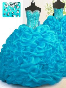 Unique With Train Ball Gowns Sleeveless Aqua Blue Sweet 16 Dress Brush Train Lace Up