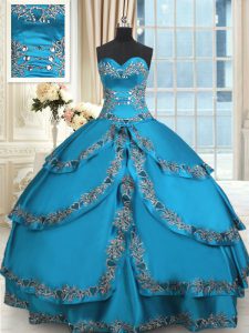 High Class Floor Length Blue Quinceanera Gown Taffeta Sleeveless Beading and Embroidery and Ruffled Layers