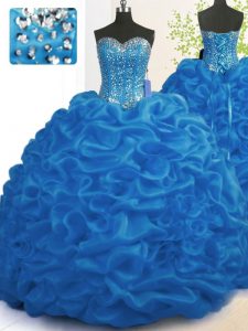 Most Popular Sleeveless With Train Beading and Ruffles Lace Up Quinceanera Dresses with Royal Blue Brush Train