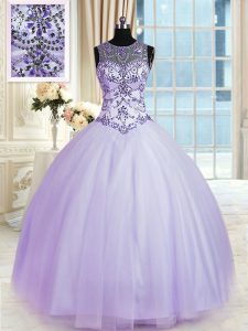 Comfortable Scoop Sleeveless Tulle Floor Length Lace Up Vestidos de Quinceanera in Lavender with Beading