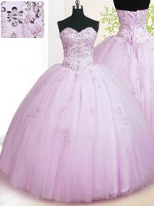 Lilac Lace Up Quince Ball Gowns Beading and Appliques Sleeveless Floor Length