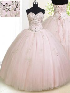Luxurious Baby Pink Sweetheart Neckline Beading and Appliques Quinceanera Gowns Sleeveless Lace Up