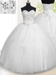 Gorgeous Sweetheart Sleeveless 15th Birthday Dress Floor Length Beading and Appliques White Tulle